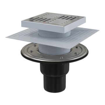 Sifon de pardoseală, Alcadrain, cu ieșire verticală, grătar din oțel inoxidabil și flanșă metalică