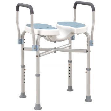 Scaun de Dus cu Brate, inaltime Reglabila si Orificii pentru Scurgerea Apei, 53x36x64-75 cm, Albastru