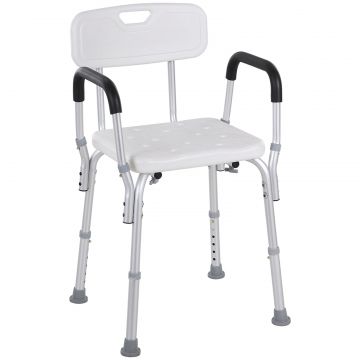 Scaun de Dus cu Spatar, Brate, inaltime Reglabila si Picioare Antiderapante, 51,5x51,5x71-84 cm, Alb