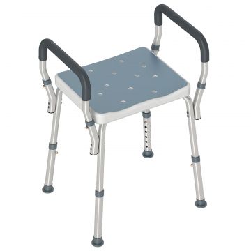 Taburet pentru Dus Reglabil cu Brate si Orificii de Drenaj, din Aluminiu, HDPE si EVA, 52x45x57-69 cm